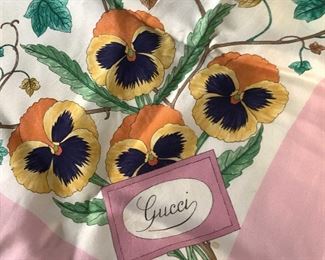 GUCCI Artist Signed Pink Floral Square Scarf