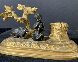 Antique Bronze Cherub & Rabbit Inkwell