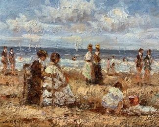 Antique Signed Oil Painting Beach Scene