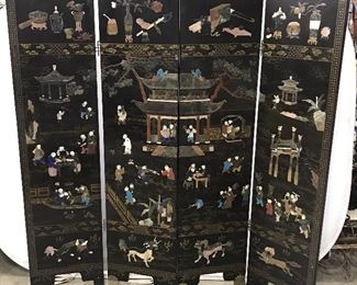 Antique Asian Wooden 4 Panel Screen