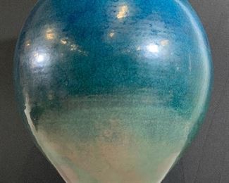 Signed Blue Glazed Ceramic Floor Vase 20 in H