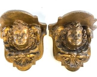 Pair ANTIQUE GILDED CHERUB Wall Sconces/Busts