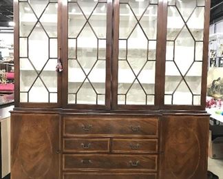 Vintage Windowed Wooden China Cabinet W Drawers