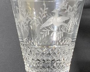 Signed Cut Crystal Bird Motif Lidded Vessel