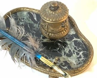 Set2 Antique Gilded Bronze Marble Inkwell & Quill