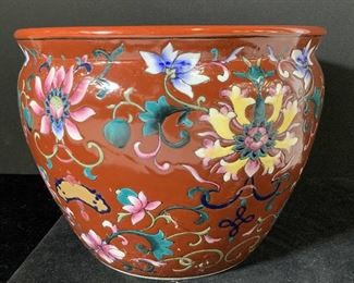Signed Asian Porcelain Floral Fishbowl Planter