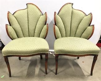 Pair Carved Wooden Upholstered Leaf Back Chairs