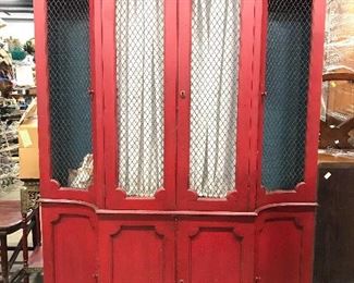 Antique Red Painted China Cabinet Hutch