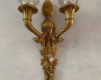 Grand Pair Antique Gilt Bronze Dore Wall Sconces