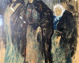 Signed Three Women Gouache Painting AFTER DAUMIER