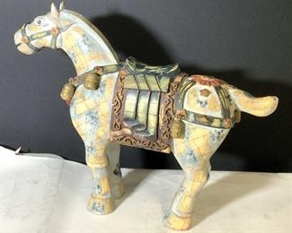 Folk Art Vintg. Carved Wood & Ceramic Horse Statue