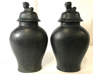 Pair Vintage Bronze Urns W Foo Dog Lids