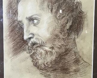 Signed Apostle Drawing Conte Crayon on Paper 76