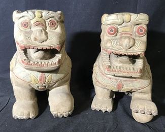 Pair Asian Wooden Foo Dog Sculptures, Thailand