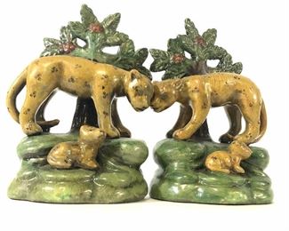 Pair Antique Porcelain Leopard & Cub Figurals