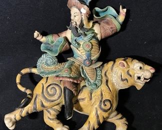 Chinese Ceramic Sculpture Man Riding Tiger