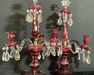 Pair Cranberry Art Glass Tabletop Candelabras