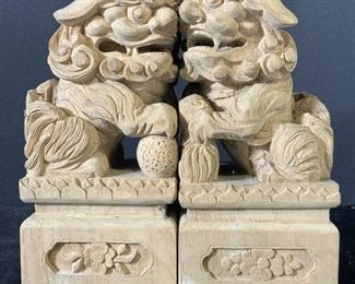 Pair Hand Carved Wooden Asian Fu Dog Sculptures