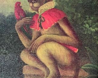 J GRAY Signed Oil Painting, Monkey w/ Parrot