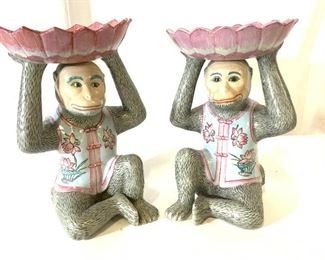 Pair Vintage Asian Cizhou Hand Painted Monkeys