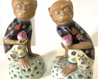 Pair SIGNED Vntg ASIAN MONKEY Figural Statues