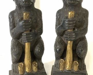 Pair Etched Ceramic Monkey Temple Statues