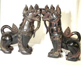 Pair Hand Carved Asian Temple Lion Sculptures