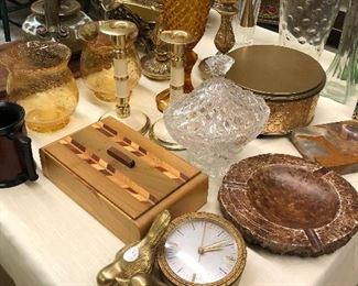 Crystal Dish, Tall Amber Vase, Clock & Misc