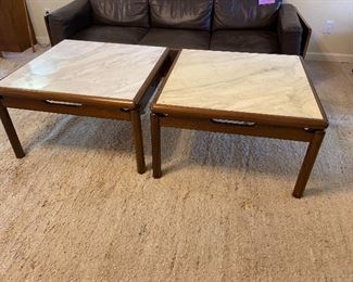 Pair of marble top, mid century square tables.