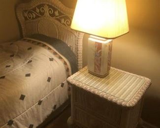 wicker nightstand and twin bed headboard