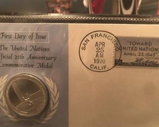 1 oz silver medal on first day cover issued by UN - 1970