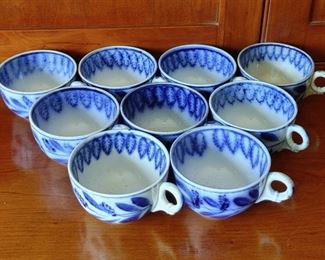 Antique Flow Blue Spinach Leaf Pattern Cups & Saucers (9)