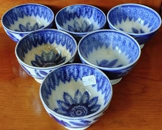 Antique Flow Blue Spinach Leaf Pattern Bowls (6)