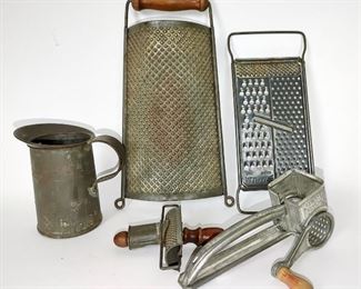 Lot of Vintage Kitchen Graters and a Tin Pitcher