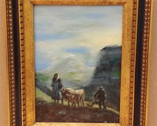 Oil on Canvas, European Hillside with Figures, Signed