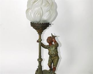 Spelter Lamp of Young Boy at Street Light