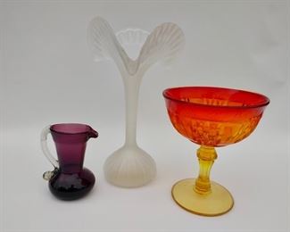 Amberina Candy Dish, Ruffled Vase, Amethyst Pitcher