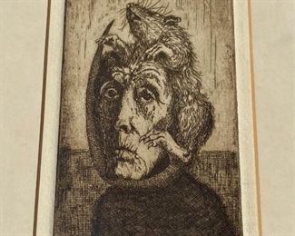 Engraving, Man with Rat on His Head, Pencil Signed