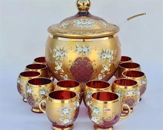 Czechoslovakian Bohemian Ruby Glass Punch Bowl & Cups