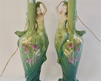 Majolica Figural Table Lamps, Signed