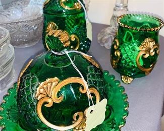 antique 1898 Emerald Croesus Candy dish, spoon holder, and butter dish, 