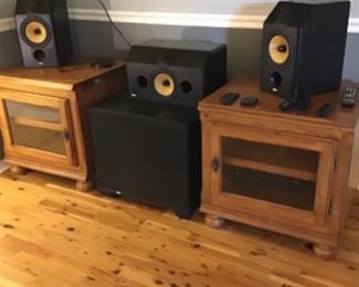 Speaker cabinets (2), B& W speaker system (5) speakers w/ 2 stands-speakers sold