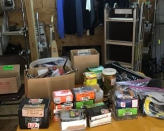 Lots of tools, nails, leather motorcycle apparel, folding ladder w/ scaffold attachment