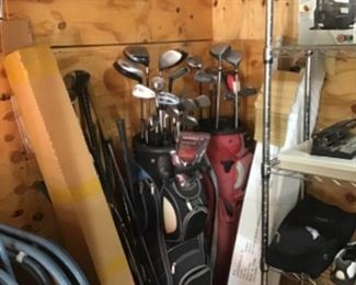 golf clubs, tv trays, tools