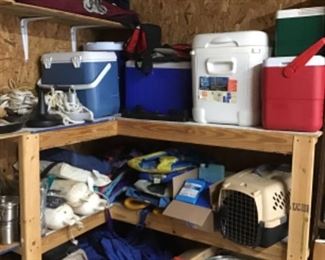 boat anchors, tents, air mattresses, coolers, bag chairs