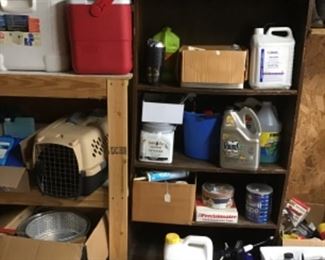 coolers, pet carrier, misc cleaners, oil, bug spray