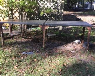 Vintage industrial work table w/ pull out stools