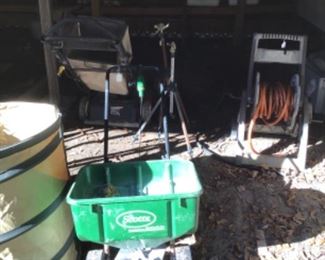 Pressure washer, Toro self propelled lawnmower, fertilizer spreader, hose w/ reel