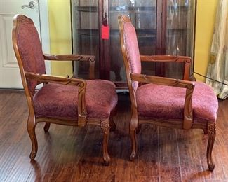 2pc Carved Wood Upholstered Chairs PAIR	39x28x17in	HxWxD
