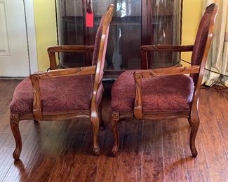 2pc Carved Wood Upholstered Chairs PAIR	39x28x17in	HxWxD
